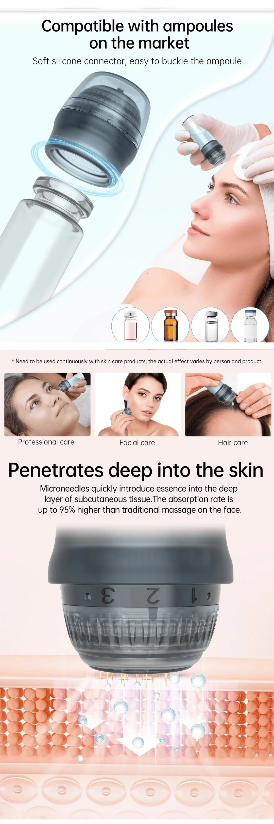 Dr. Pen HN30 derma stamp showing serum ampoule compatibility, manual facial use, and adjustable liquid delivery through the 30-pin stamping head.