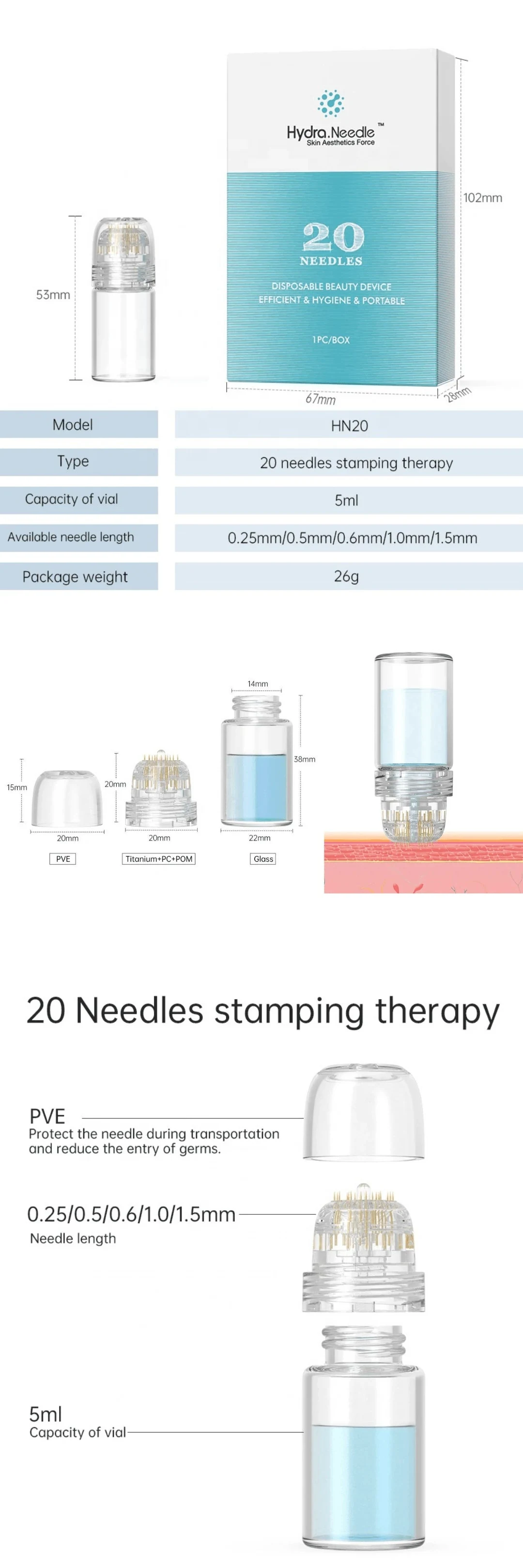 Hydra Needle HN20 20-needle microneedling stamping device for cosmetic skincare treatments, featuring a 5ml vial and 0.25mm, 0.5mm, 0.6mm, 1.0mm and 1.5mm needle options