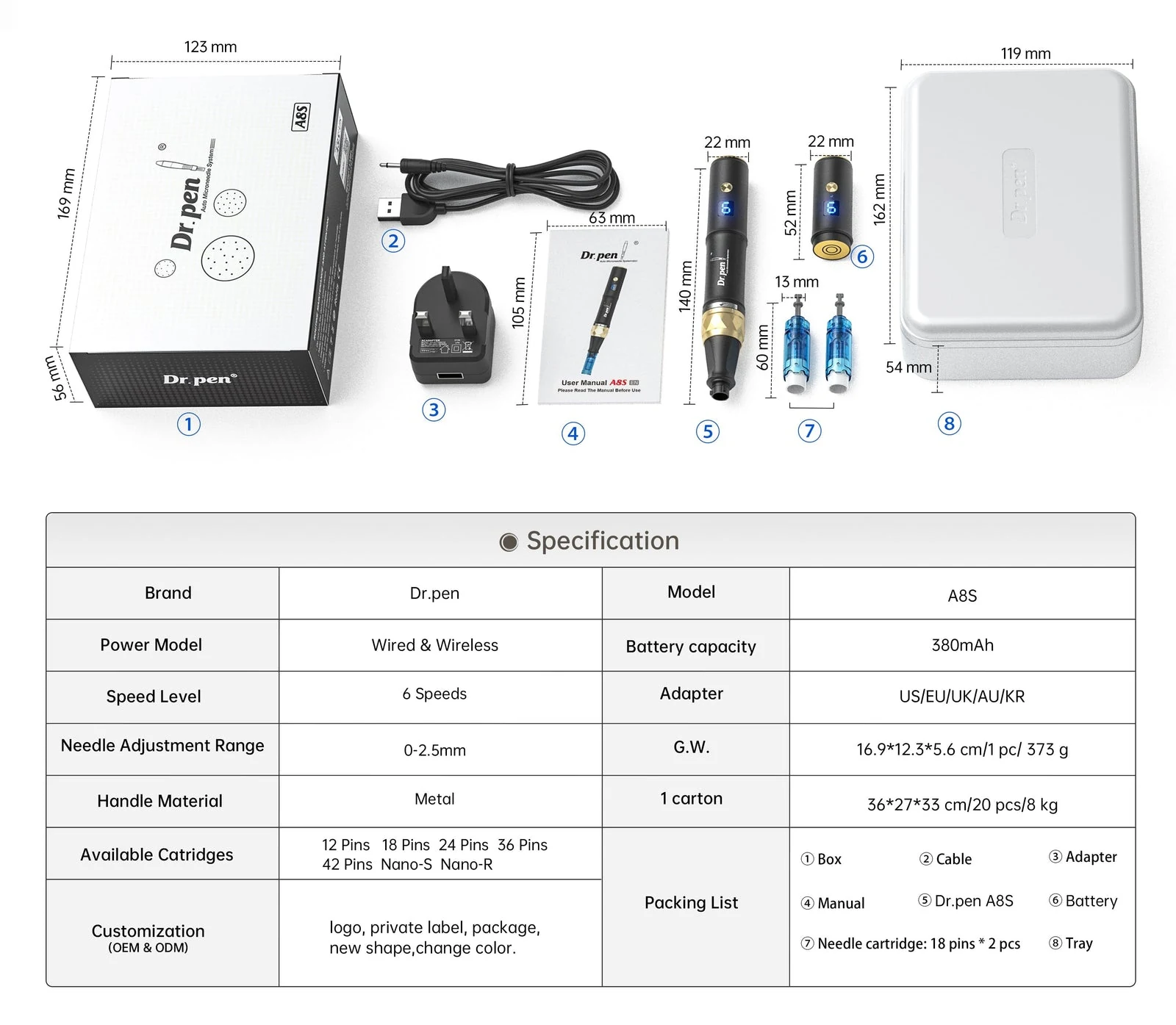 Dr. Pen A8S Wireless Microneedling Pen – 6 Speeds, 0–2.5mm — Product specifications