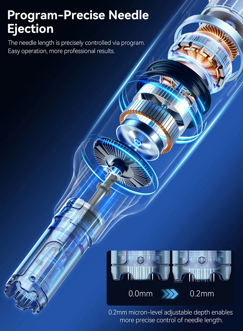 Close-up of a medical device with needle mechanism on a blue background