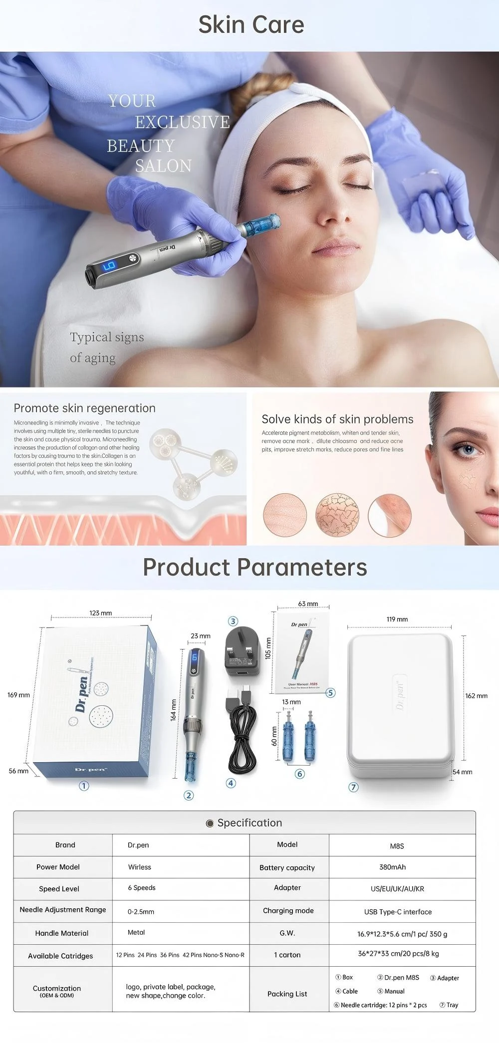 Advertisement for skin care product with a woman receiving treatment and product details.