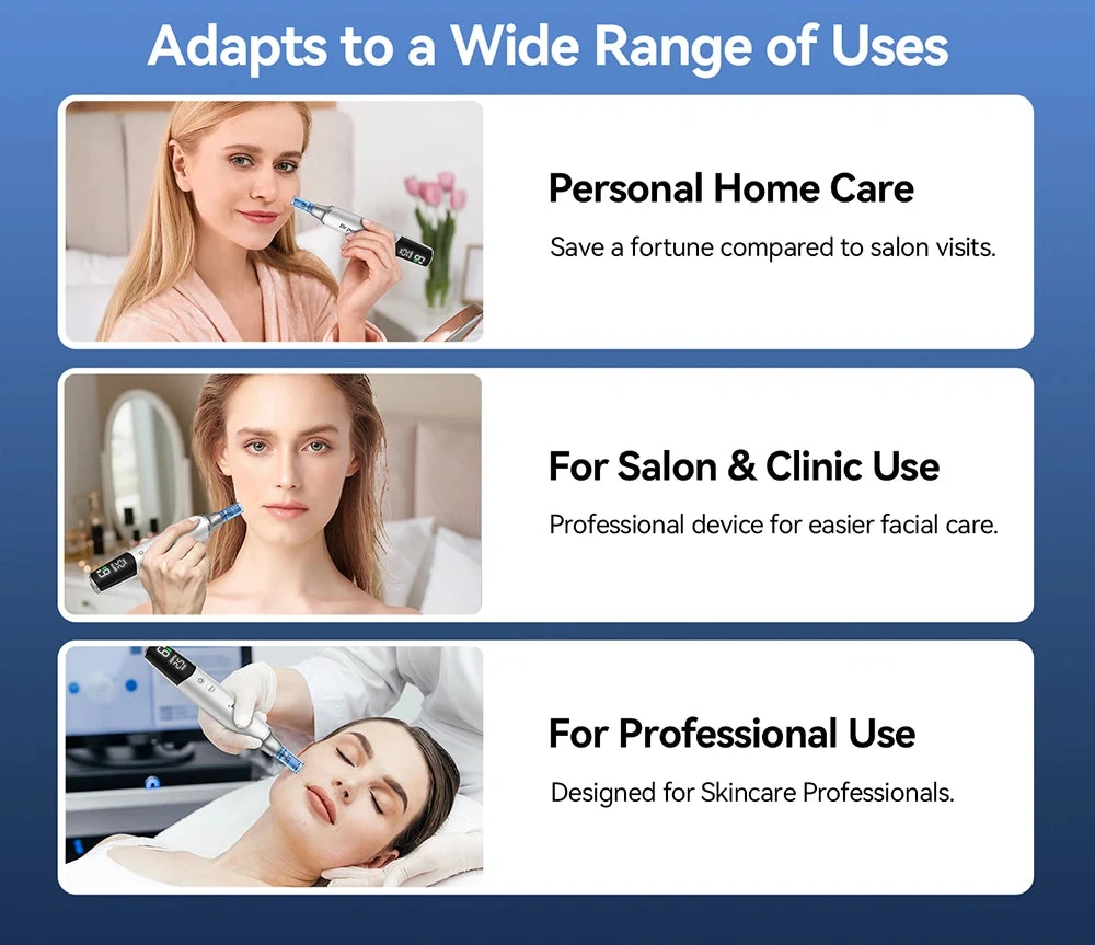 Product advertisement showing its versatility in personal home care, salon use, and professional use.