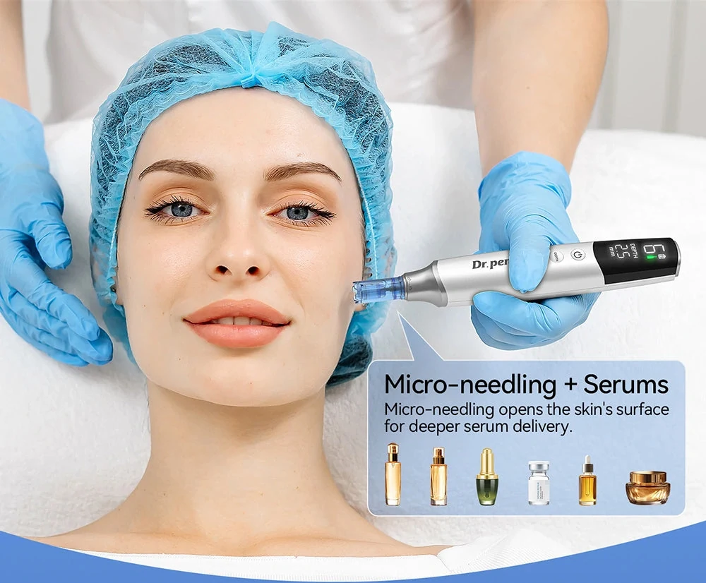 Woman receiving a facial treatment with micro-needling device, wearing a blue hairnet and gloves.