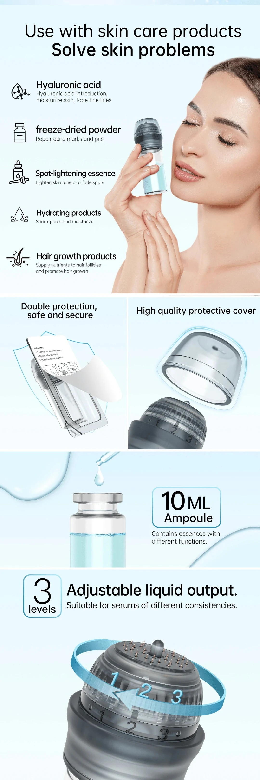 Dr. Pen HN30 Hydra Needle derma stamp with 10 mL serum vial, 3-level adjustable liquid flow, protective cap, and skincare serum compatibility.