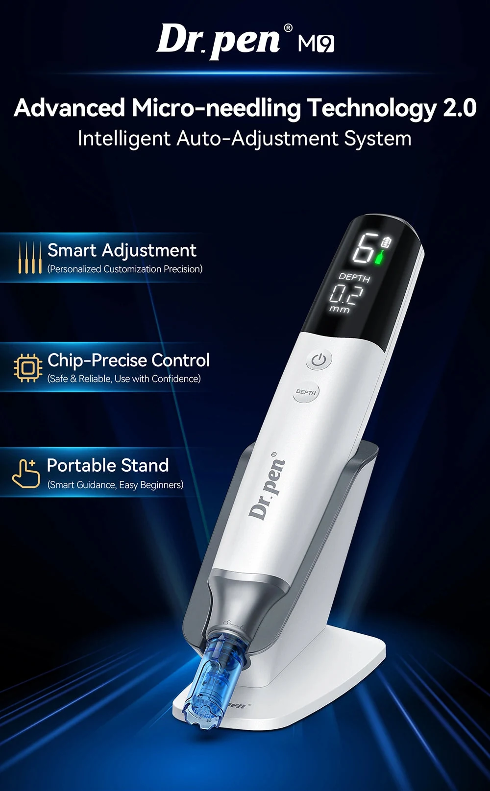 Dr. pen M9 with advanced micro-needling technology on a dark background