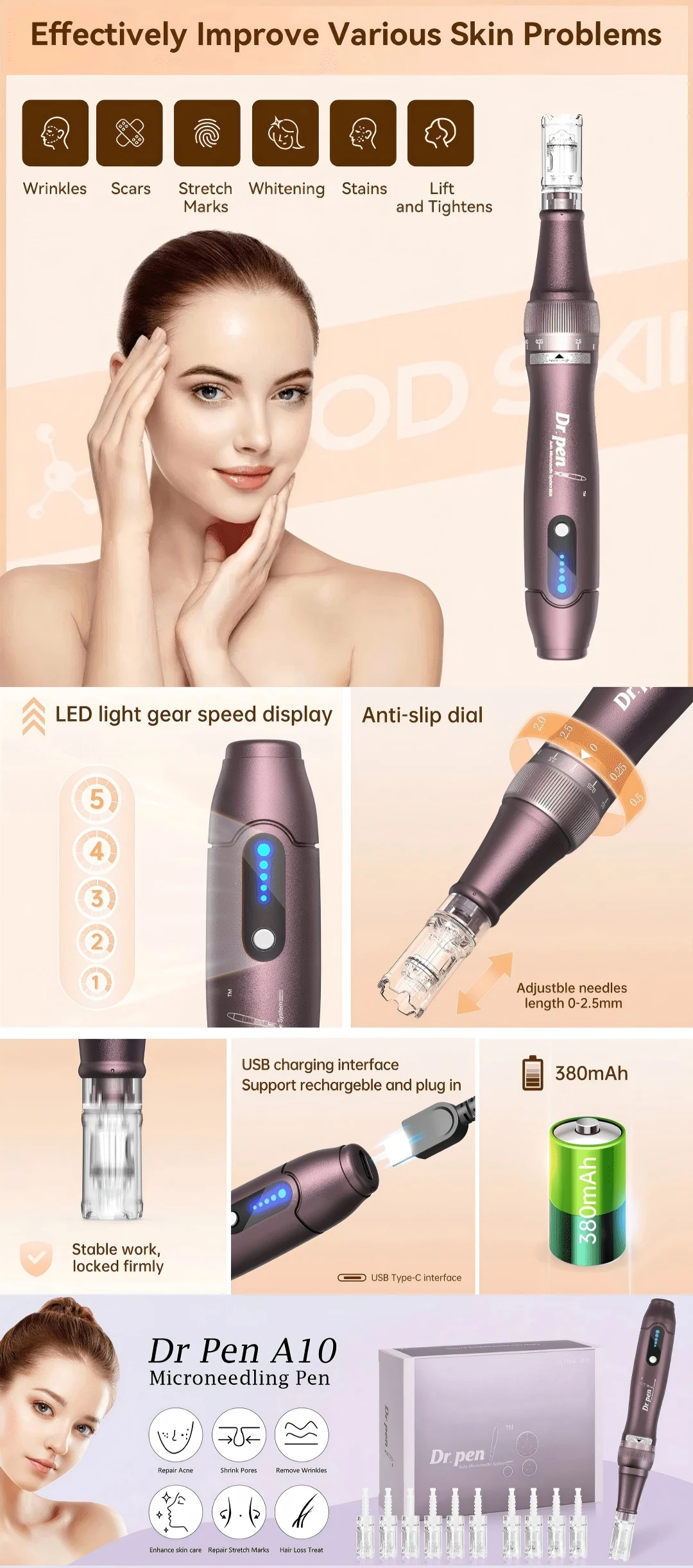 Dr Pen A10 device with features and benefits on a beige background